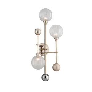 Majorette Sconce - Silver Leaf Frame, Polished Chrome Accents, Seeded Glass Orbs, Modern Elegance