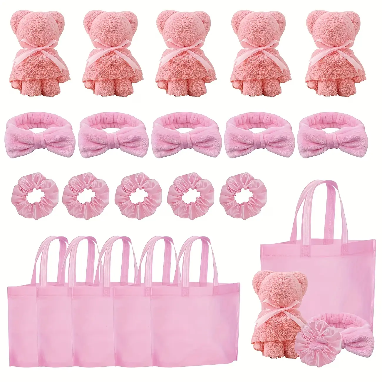 Girls' Practical 20-Piece Pink Hair Accessory Set - Plush Bear Towel, Bow Headband, Satin Scrunchies, Tote Storage Bag - for Buns, Ponytails, Braids, Birthday Gifts for Friends, Sisters