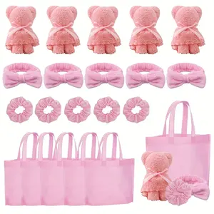20-Piece Pink Hair Accessory Set, includes plush bear towel, bow headband, satin scrunchies, tote storage bag; multifunctional hair accessories for buns, ponytails, everyday wear, birthday, party gifts