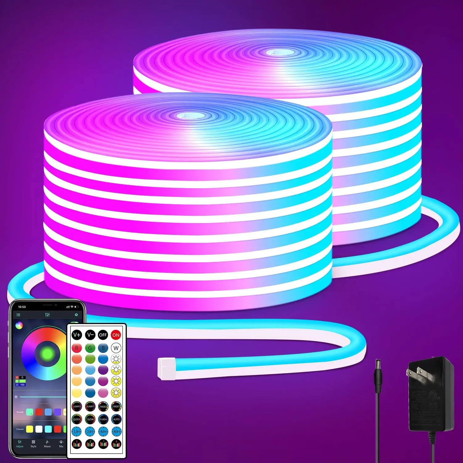 RGB LED neon Rope Lights LED neon Lights with Remote/APP Control 24V IP65 Waterproof Flexible Neon LED Strip Lights for Bedroom Room Outdoors Decor（2