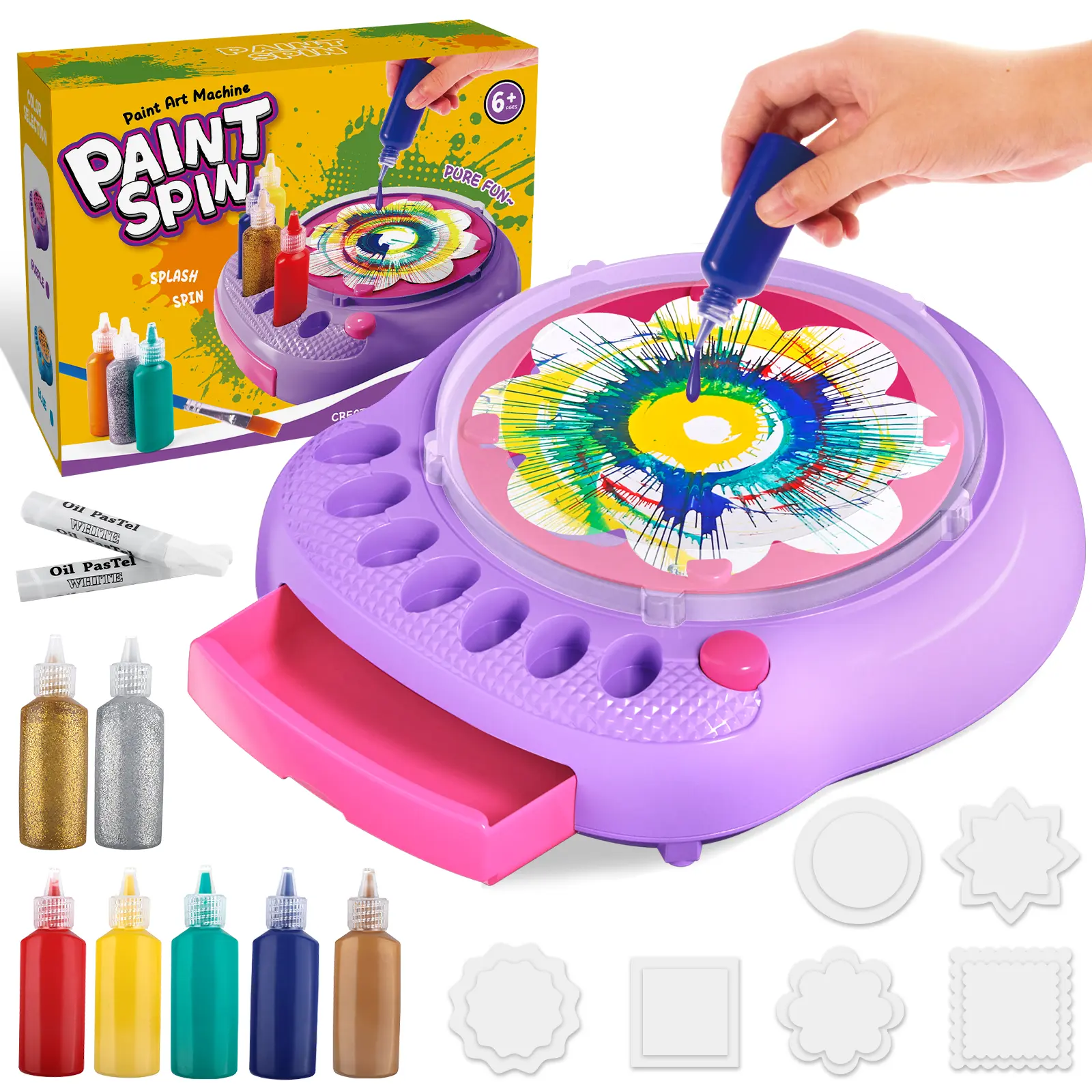 Unisex Kids Spin Art Machine Kit - DIY Painting Craft Toy with Splash Guard, Built-In Storage, STEM Set for 6+ to 8-10 Years, Art Parties & Family Craft Time, Easy-to-Use Purple Gift