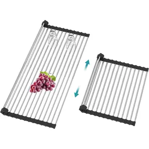 Extra Large Expandable Roll Up Over Sink Dish Drying Rack, Foldable Rollable Stainless Steel Drainer Kitchen Sink Accessories (Black, 25.1''-12.4'')