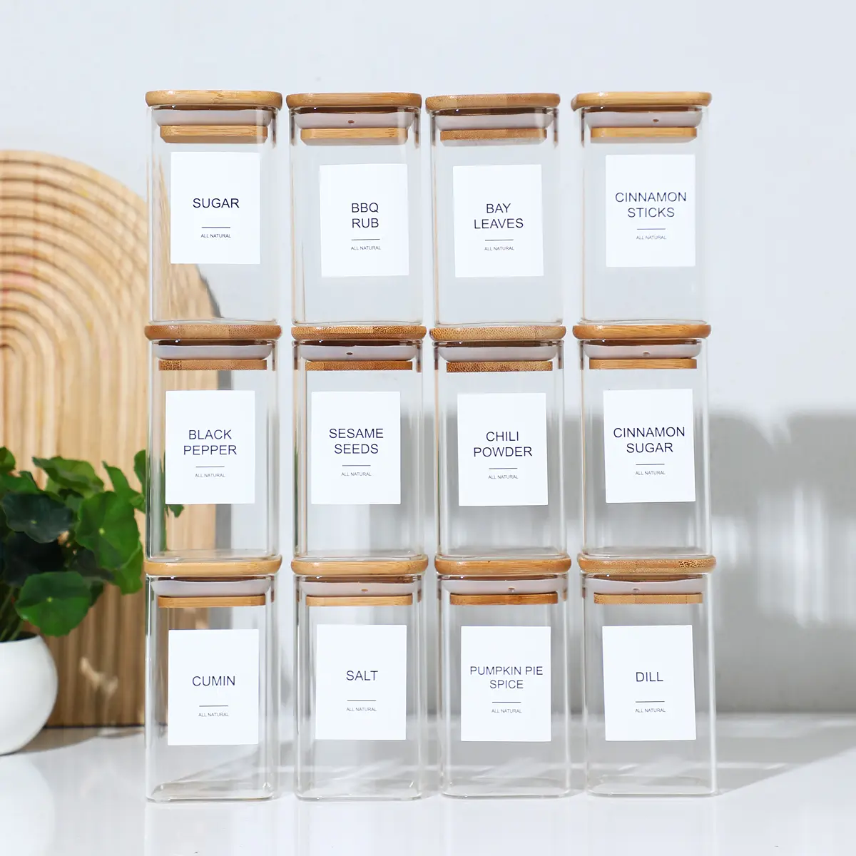 12-Piece Square Glass Spice Jars with Bamboo Lids & Spice Labels, 8oz Airtight Glass Seasoning Containers for Kitchen Pantry Organization