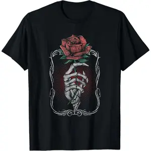 100%cotton Skeleton Hand Rose Red Flower Gothic Tattoo Skull Occult T-Shirt
