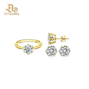 【Six-Prong Set】Delzzad Infinity Sparkle Solitaire Set Six-Prong Stud Earrings Ring Band Synthetic Moissanite S925 Jewelry Set Perfect Birthday Engagement Wedding Anniversary Christmas Gifts