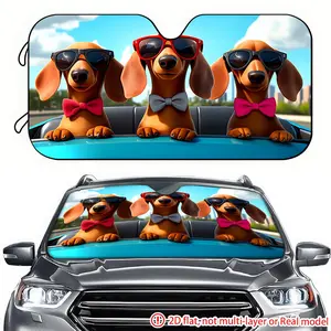 1 piece of dachshunds wearing sunglasses with 2D high-definition printing on car sunshades. The car sunshade effectively blocks sunlight and is suitable for decorating the front windshield of trucks, RVs, and SUVs