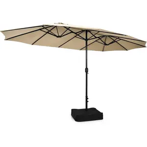 15FT Double-Sided Patio Umbrella with Base, Extra-Large Market Umbrella W/Crank System, Outdoor Twin Umbrella W/ 12-Rib Metal Structure & Air Vents for Garden, Backyard, Poolside (Beige)