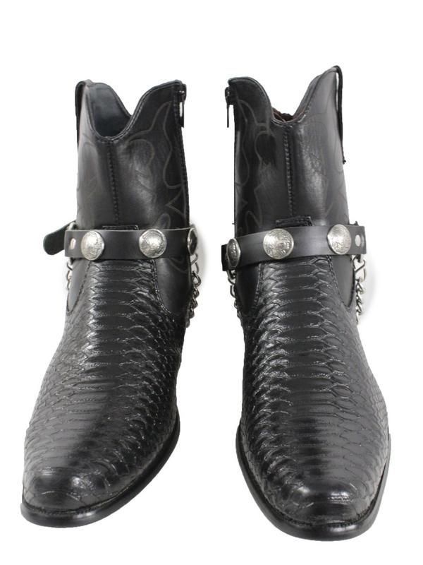 Men Biker Fashion Jewelry Boot Bracelets Black Faux Leather Straps Silver Chains Buffalo Pair