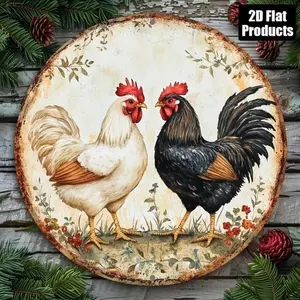 Chicken Farmhouse Round Metal Sign – Vintage Aluminum Wall Art – Rustic Kitchen Decor for Home, Bar, Bathroom & Living Room