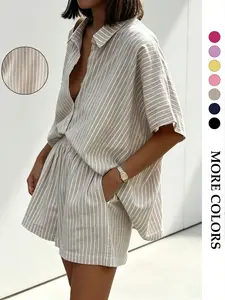 Women's French Casual Chic Striped Set, Breathable Cotton Linen Loose Half Sleeve Top + Shorts, Daily for All Seasons