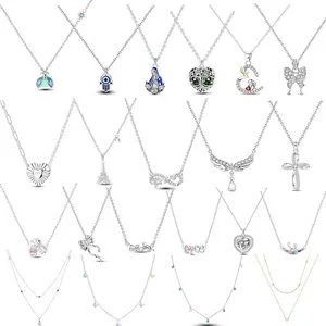 Angel's Wings Feather Necklace 925 Silver Original Sterling Blue Eyes Long Chain Link For Mom Women Wedding Party Jewelry Gift