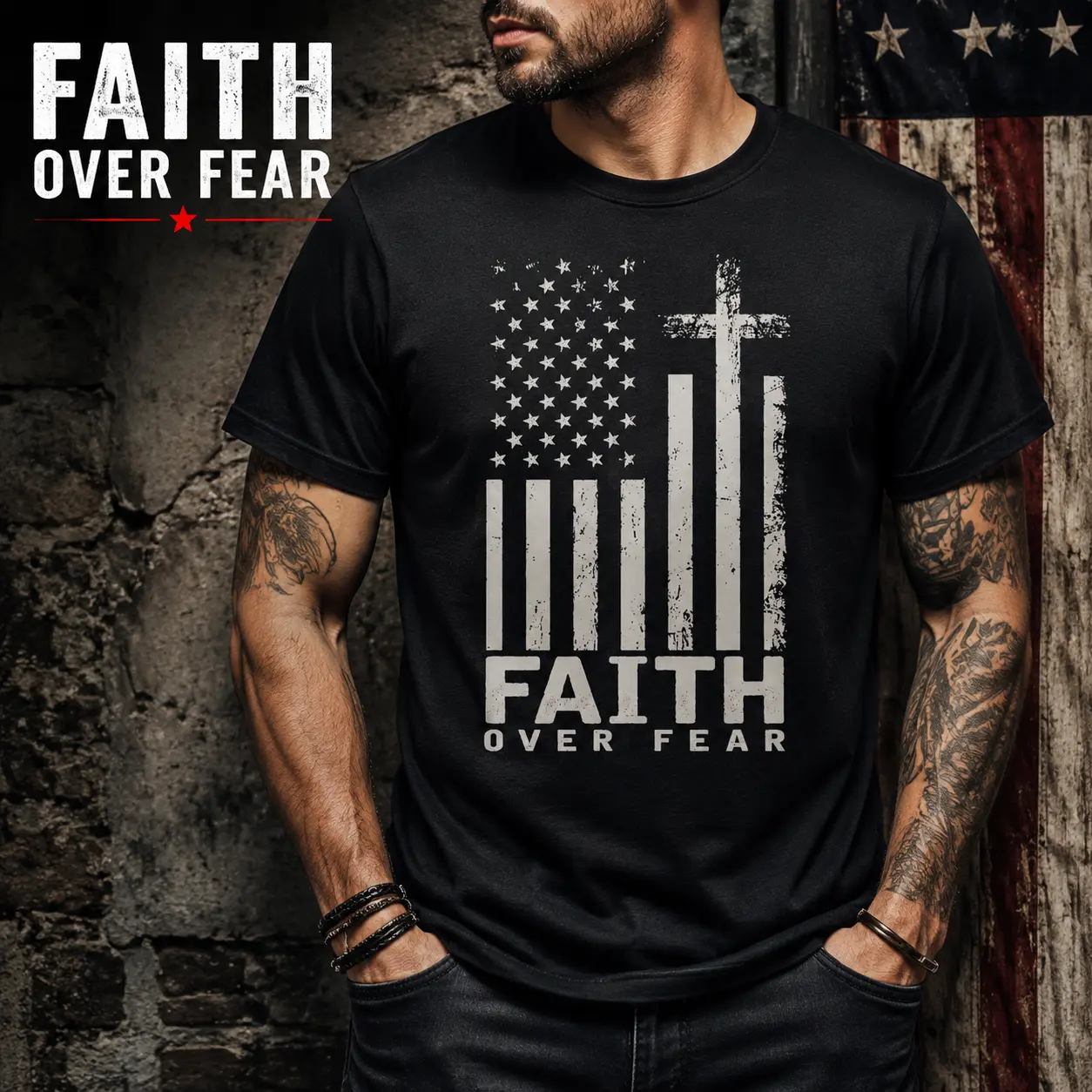 Vintage American Flag Cross T-Shirt, Faith Over Fear Christian Patriotic Tee, Distressed USA Flag Religious Faith Shirt For Men Women, Inspirational Faith Believer Gift Top