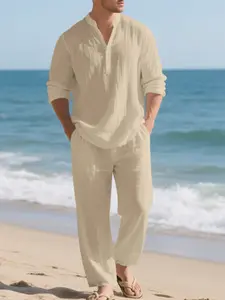 Men's New Linen Style Set, Henry Neck Button Long Sleeve Top + Loose Pants Two-Piece, Outfit, Breathable Comfort, Casual All-Season Wear, Henley