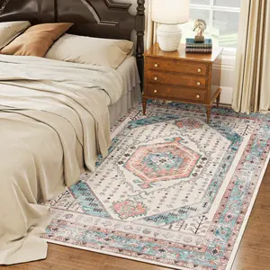5x7 Area Rug, Vinte Machine Washable Rug, Non-Slip Floor Carpet for Living Room, Bedroom, Dining Room, Brown and Blue