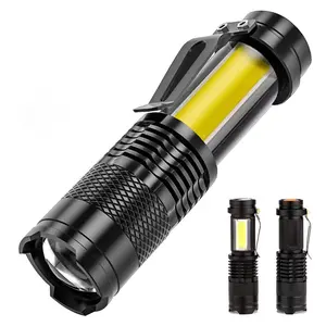 A cute rechargeable LED high lumen flashlight, super bright with side lights, perfect for camping. It uses XPE + COB LED chips, supports zoom adjustment, comes with a pen clip, and is suitable for exploration, camping, hiking, work, and fishing.