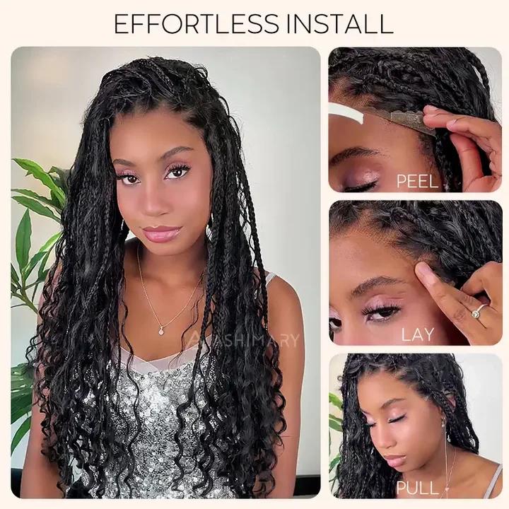 [26" Limited Offer] Ashimary Boho Knotless Box 26" Braided Wigs Full Double Lace Braid Wig for Black Women Lace Frontal Human Hair Blended Braided Wig with Boho Curls 360 Lace Front 428