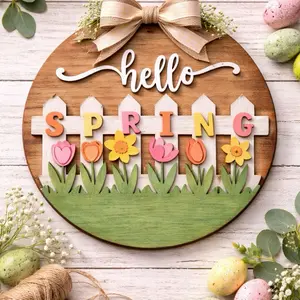 Spring Door Hangers You Didn’t Know You Needed - Wooden Round Decor with Hello Spring Sign and Colorful Floral Accents
