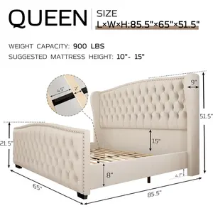 Queen Platform Bed Frame with Wingback Headboard, Velvet Upholstered Bed Frame with Handmade Button Tufted & Nailhead, Wooden Slats Support, Cream