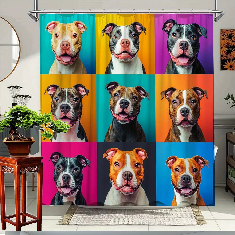 1pc Colorful Dog Faces Shower Curtain Polyester Fabric Bathroom Decor Featuring Cute Pitbull Designs 70.8x70.8 Inches with 12 Hooks Restroom