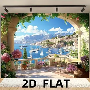 1pc 2D Flat 2DFLAT - Mediterranean Coastal City Spring Themed Backdrop - Large Polyester Photography Cloth, Ideal for Holiday Parties, Home Decor & Studio Props, Versatile Indoor/Outdoor Use, No