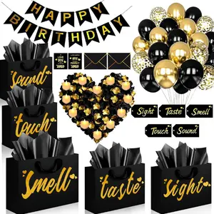 5 Senses Gift Bags for Him with Labels, Five Senses Birthday Party Decorations, Tissue Paper Rose Petals and Happy Birthday Banner Balloons for Boyfriend Husband Party Decor(Gold Black)