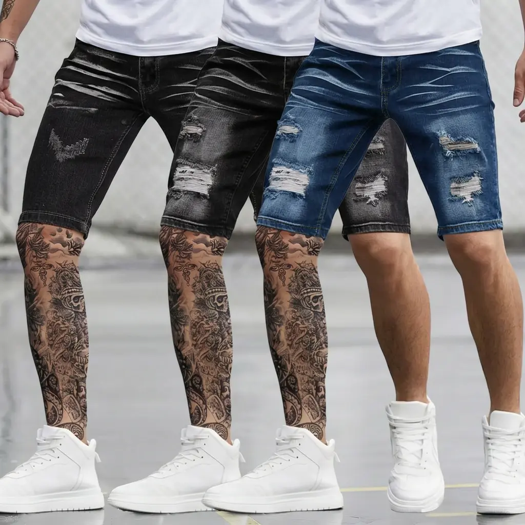 Men's 3-Pack Knee-Length Denim Jean Shorts, Fitted Cut with a Distressed Wash, Breathable Cotton Blend Fabric for Breathable Legs, Streetwear, Ripped Look, Casual, No, Slim-Fitting, Polyester, Menswear, Old-School Washed Denim Vibe, Natural, Retro‑Worn Fi