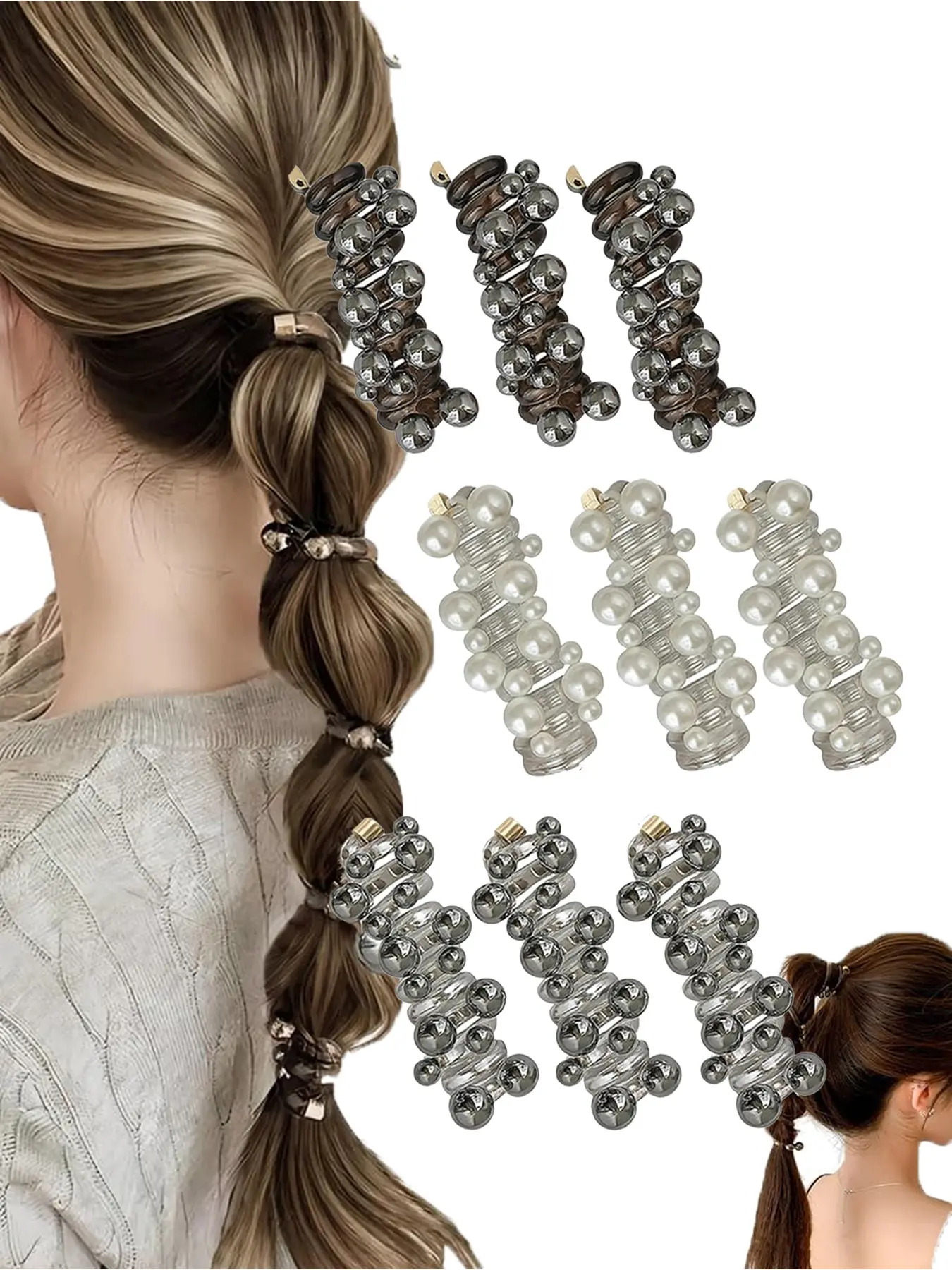 Women's Elegant Distinctive High Ponytail Hair Accessories Set, Pearl Telephone Cord Twist Hair Bands, Hair Ties, Fall & Winter Fashion Accessory