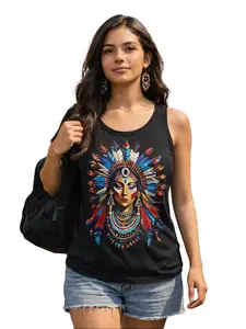 Colorful Tribal Woman Tank Top, Native Headdress Graphic Tank, Boho Streetwear Style