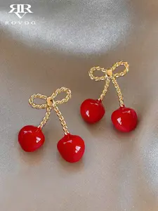 Elegant French Retro Cherry Bow Ear Studs, Unique High-End Design, Perfect for Daily Wear, Casual & Vacation, Women's Fashion Jewelry, Round Earrings, Fruit Veggie Earrings