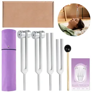 Tuning Forks for Healing Set 128HZ 136.1HZ 256HZ 384HZ with Reflex Hammer 4-Piece Set for Chakras Sound Therapy Healing Medicine Stress Aluminum