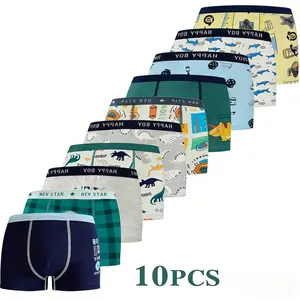 10 Pack Boys Underwear 3-15 Years Cute Cartoon Dinosaur Print Boxer Briefs Breathable Stretch Waistband All Season Comfort Full Body Patterns Plaid Stripes Camo Floral