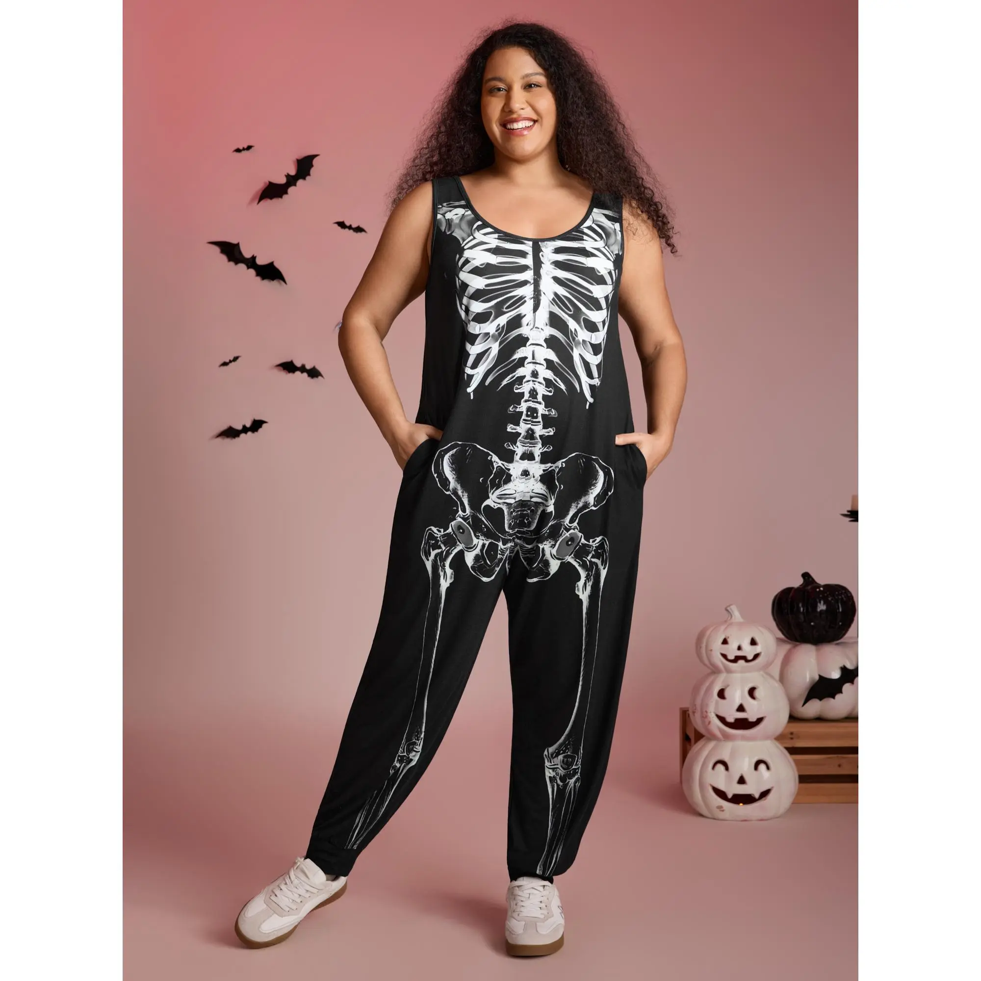 BloomChic Plus Size Graphic Jumpsuit for Women - Halloween Skeleton Print Sleeveless Romper, Soft Stretch Comfortable Fit with Pockets, Casual Party Outfit, Summer Finds, Women's Clothes, Overalls, Lightweight, Smooth, Breathable, Polyester, Spandex