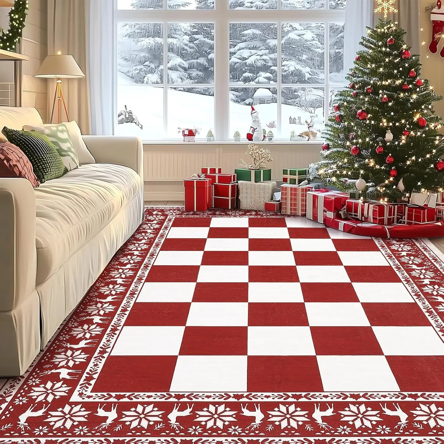 8x10 Area Rugs for Living Room, Checkered Christmas Rugs for Holiday Decor, Non Slip Low Pile Washable Rug for Dining Room, Bedroom, Red