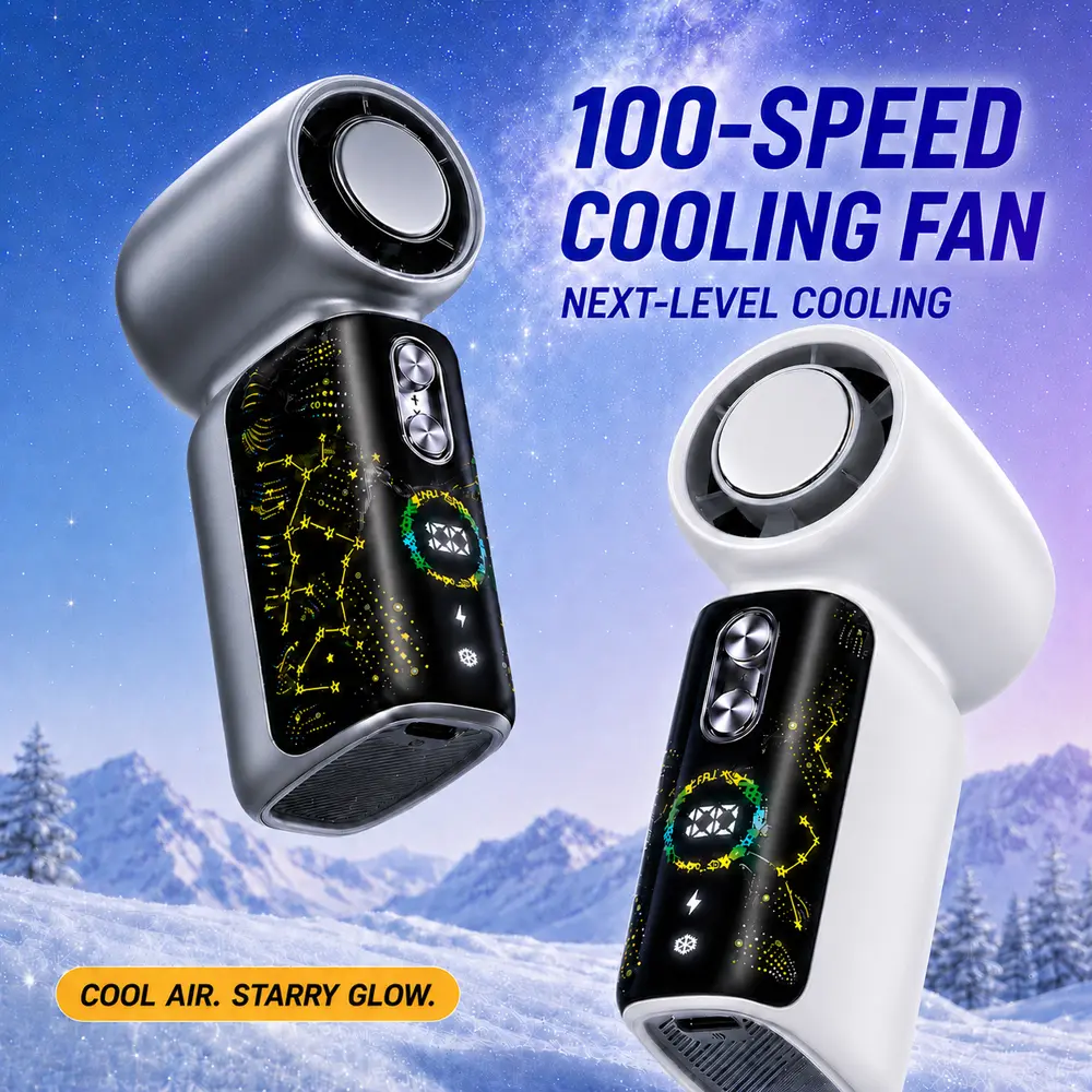 Portable Handheld Fan with Ice Cooling Plate, 100-Speed Rechargeable Personal Fan with LED Digital Display, Starry Light, 3000mAh Battery, USB-C Mini Cooling Fan for Travel, Beach, Office, Bedroom