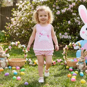 Toddler Baby Girl Easter Outfit Cross/Bunny Applique Plaid Sleeveless Tops and Bloomers 2 Piece Summer Spring Set