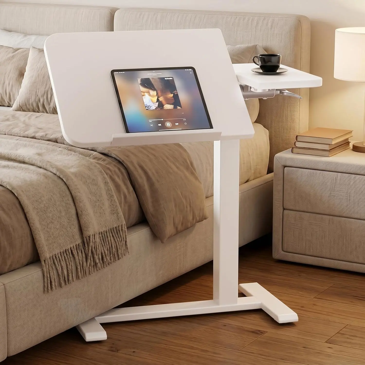 Pneumatic Adjustable Standing Desk, 28 Inch Tiltable Mobile Rolling Laptop Table with Wheels, Overbed Bedside Table Computer Workstation for Home Office, White