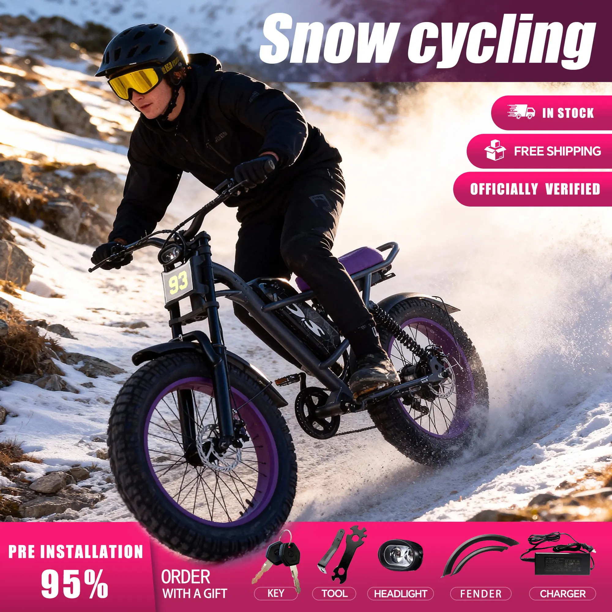 Upgraded electric bicycle with high carbon steel frame, hydraulic shock absorption, full suspension system, top speed of 32mph, 48V 1500W motor, riding assistance range of 40-70 miles, 20 * 4.5-inch all terrain tires, snow tires, off-road motorcycle