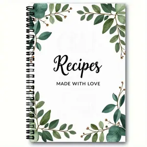 1pcs 50 page A5(8.6in *5.7in) Notebook Spiral A Fun Gift For Friends And FamilySpiral-Bound Recipe Notebook with White Cover, Green Leaves & Brown Berries Border, 'Recipes' in Cursive & 'MADE WITH LOVE' Bold Text, Spiral Notebook Journal