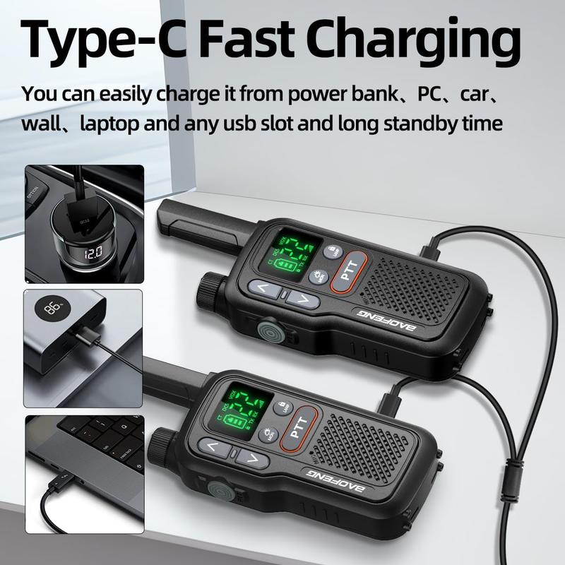 4PCS BAOFENG USB Rechargeable Long Range Mini Walkie Talkie Type-C Charging Upgrade 888s Lightweight with Earpieces VOX LCD Display Flashlight NOAA Weather Receive Handheld Two Way Radio for Kids Adults Family Outdoor Sports Camping Hiking