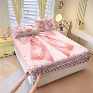 Pink satin & lace bow-knot fitted sheet set,1 fitted sheet & 2 pillowcases without filler, adorned with jewelry, the style is sweet & delicate, it's the ideal choice for a girly-girl's bedroom bedding set, soft & comfortable, it makes a perfect gift.