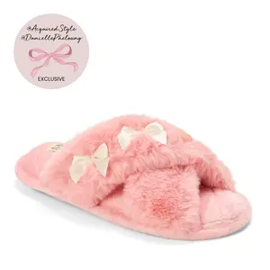 Dearfoams Women's Jessica Bows Furry Crossband Slide Slipper