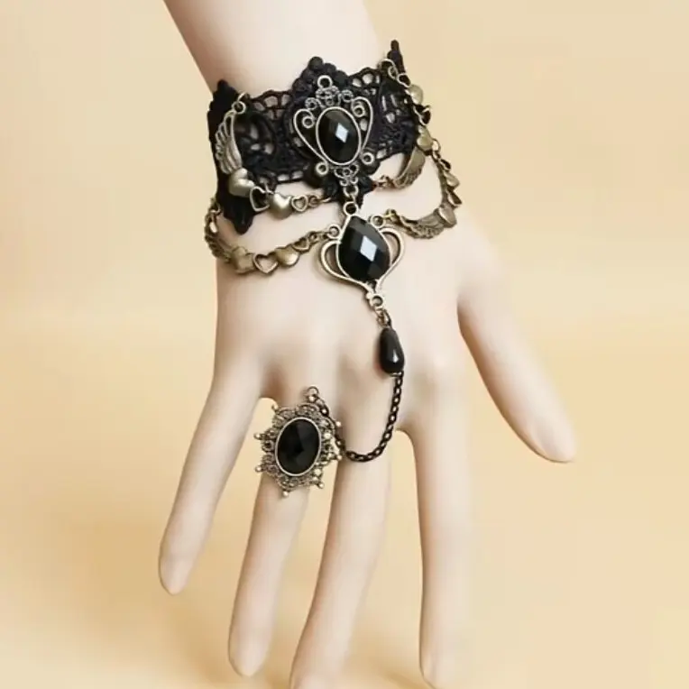 Gothic Black Lace Slave Bracelet with Attached Ring, Vintage Angel Wing Hand Chain, Retro Bronze Gem Wristband, Halloween Cosplay Party Jewelry for Women