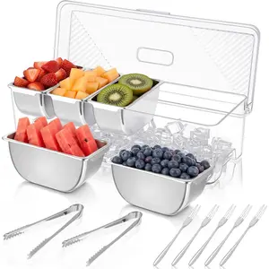 Large Ice Chilled Condiment Server with 5 Stainless Removable Compartments, Clear Garnish Tray with Lid, 5 and 2 Tongs, Fruit, Salad, Taco, Bar Platter for Bar Supplies