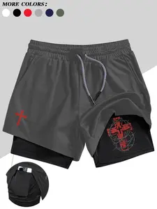 Men's Red Thorn Cross Print Double-Layer Shorts, Summer Breathable Quick-Drying Running Sports Shorts, High Elasticity Comfortable Fitness Multi-Pocket Quick-Drying Shorts, Suitable for Fitness, Running, Basketball and Other Sports, Side Pocket Shorts