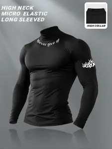 Men's High Neck Long Sleeve Slim Fit Thermal Top, Casual Letter Pattern Thermal Menswear, Medium Weight Fabric
