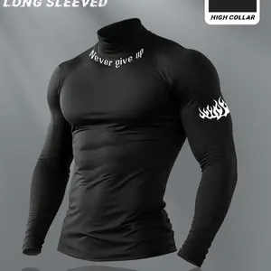 Men's High Neck Long Sleeve Slim Fit Thermal Top, Casual Letter Pattern Thermal Menswear, Medium Weight Fabric
