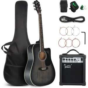 GLARRY Full Size 6 Strings Acoustic Electric Guitar Beginner Kit w/ 15W Amp, Cutaway 41 Inch Electric Acoustic Guitar w/Inbuilt Tuner, Bag, Strap, Picks, Strings, Basswood Guitarra, Distressed Black