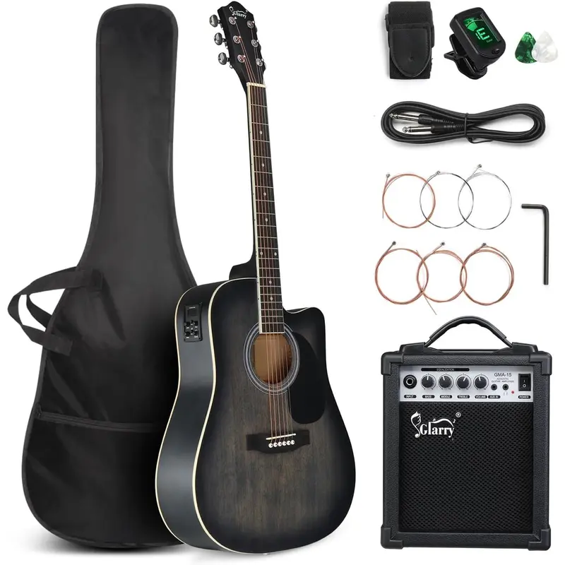 GLARRY 41-Inch Full Size 6-String Cutaway Basswood Acoustic-Electric Guitar Beginner Kit, w/ 15W Amp, Built-In Tuner, Laurel Pick-Guard to Prevent Scratches, Bag, Strap, Picks, Phosphor Bronze Strings - Distressed Black (TikTok Shop Back to School)