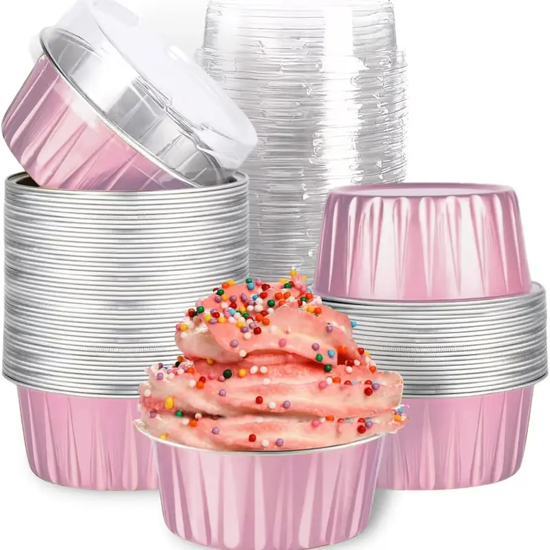 30 Pieces 5oz (125ml) Mini Size Mixed-Color Round Disposable Aluminum Foil Ramekins with Reusable Plastic Lids - 220℃ Heat Resist Nonstick Home Bakeware, High Barrier Helps Preserve Food, Home Party Tableware