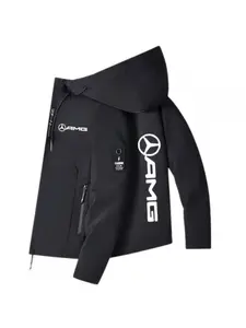 Men's Amg Car Logo Hooded Jacket, Full Zip Casual Outerwear, Trendy Hood Design, Lining, Spring & Fall Fashion